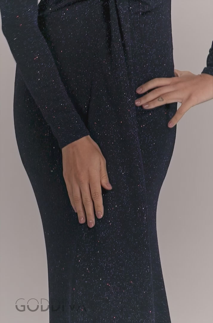 Plunge Neck Long Sleeve Front Draped Lurex Maxi Dress - Navy Blue DR5231