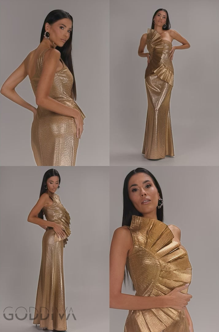 One Shoulder Pleated Fan Maxi Dress - Gold DR4075
