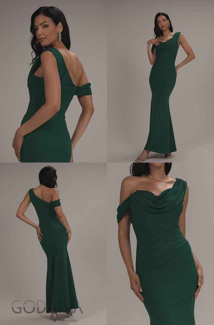 Cowl Neck One Shoulder Scuba & Chiffon Maxi Dress - Emerald Green DR4137
