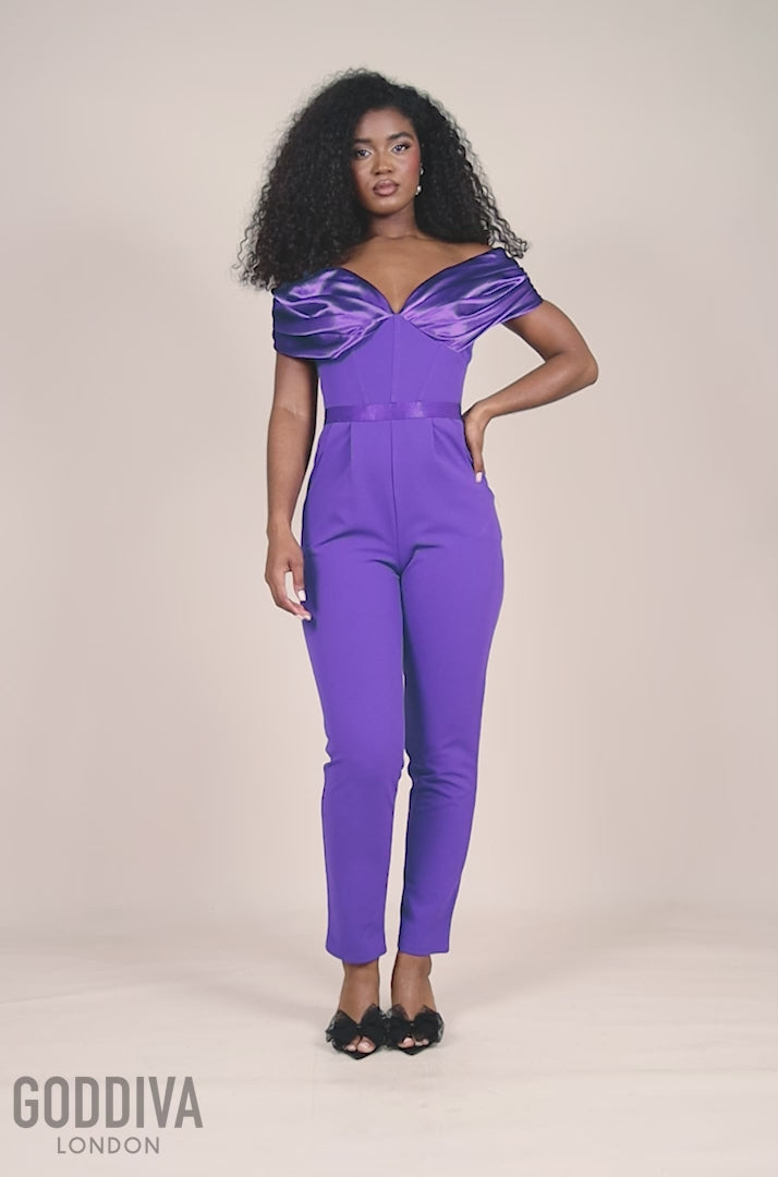 Corset Bodice Scuba & Satin Bardot Jumpsuit - Purple TR351