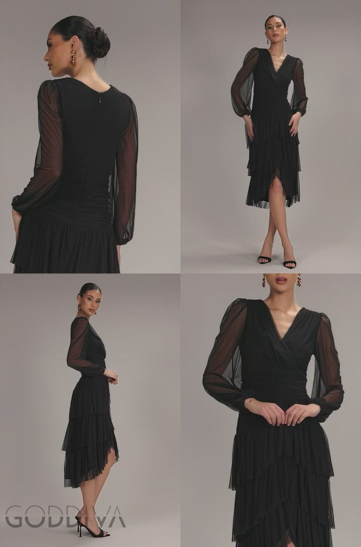 Gathered High & Low Tiered Midi Dress - Black DR4262