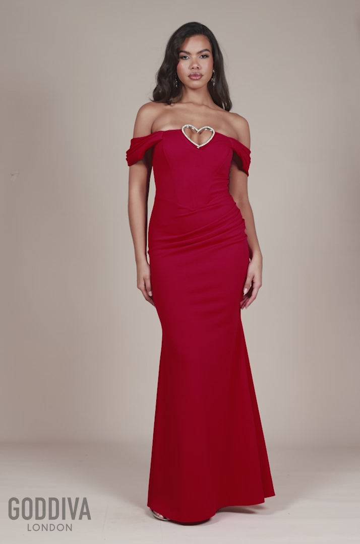 Diamante Heart Trim Evening Maxi Dress - Red DR4674