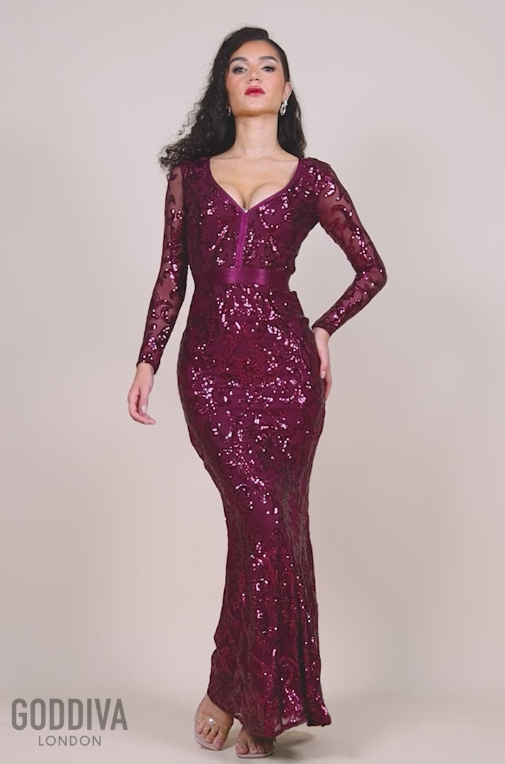 Embroidered Sequin & Mesh Maxi Dress - Burgundy DR2558