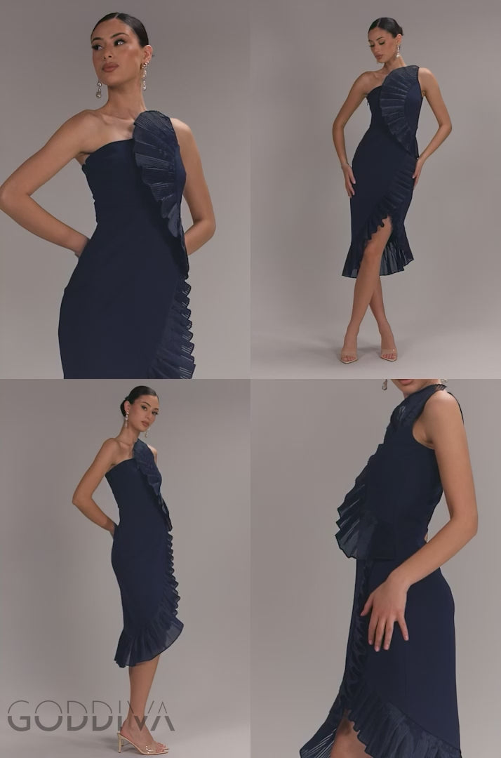 One Shoulder Pleated Fan Midi Dress - Navy Blue DR4872