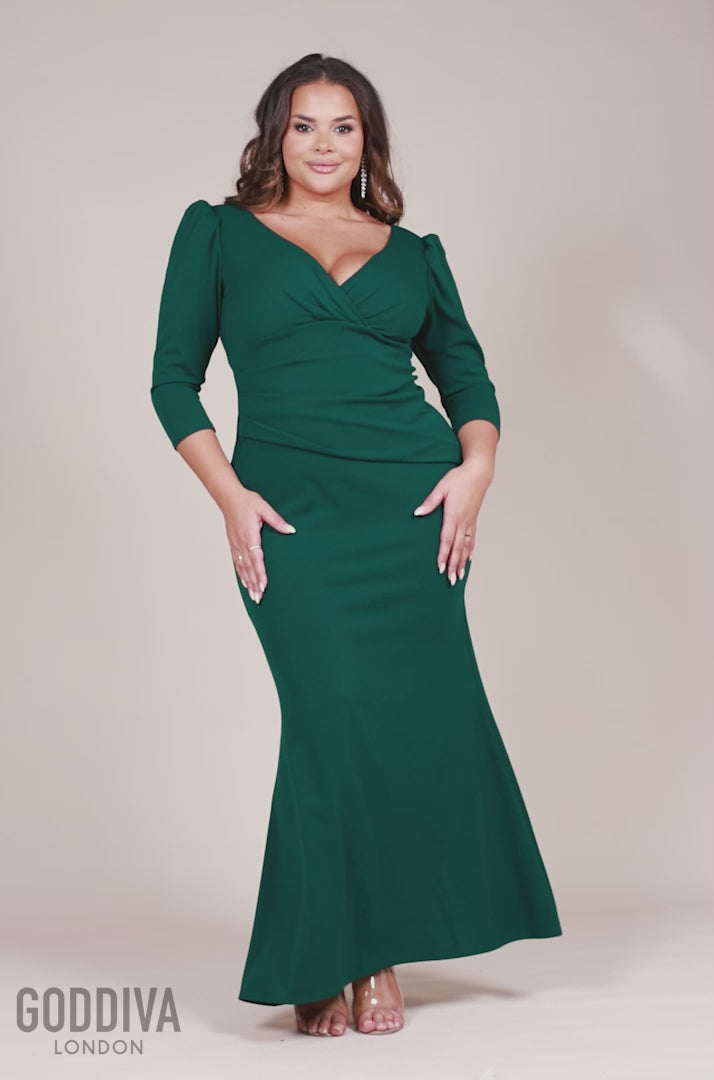 Three-Quarter Faux Wrap Neck Maxi Dress - Emerald Green DR3975PLUS