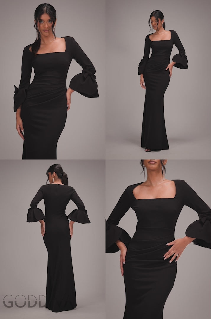 Petal Bow Sleeve Frill Maxi Dress - Black DR4767