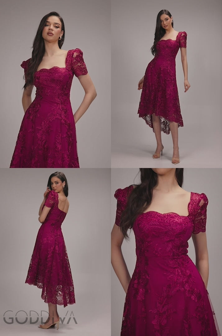 Scalloped Neck Embroidered Lace High Low Midi Dress - Burgundy DR4265