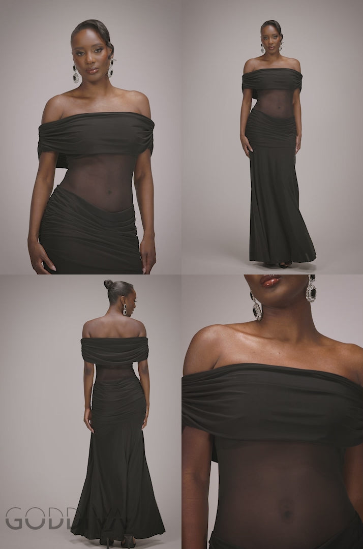 Gathered Off The Shoulder Mesh Waist Panel Maxi Dress - Black DR4857