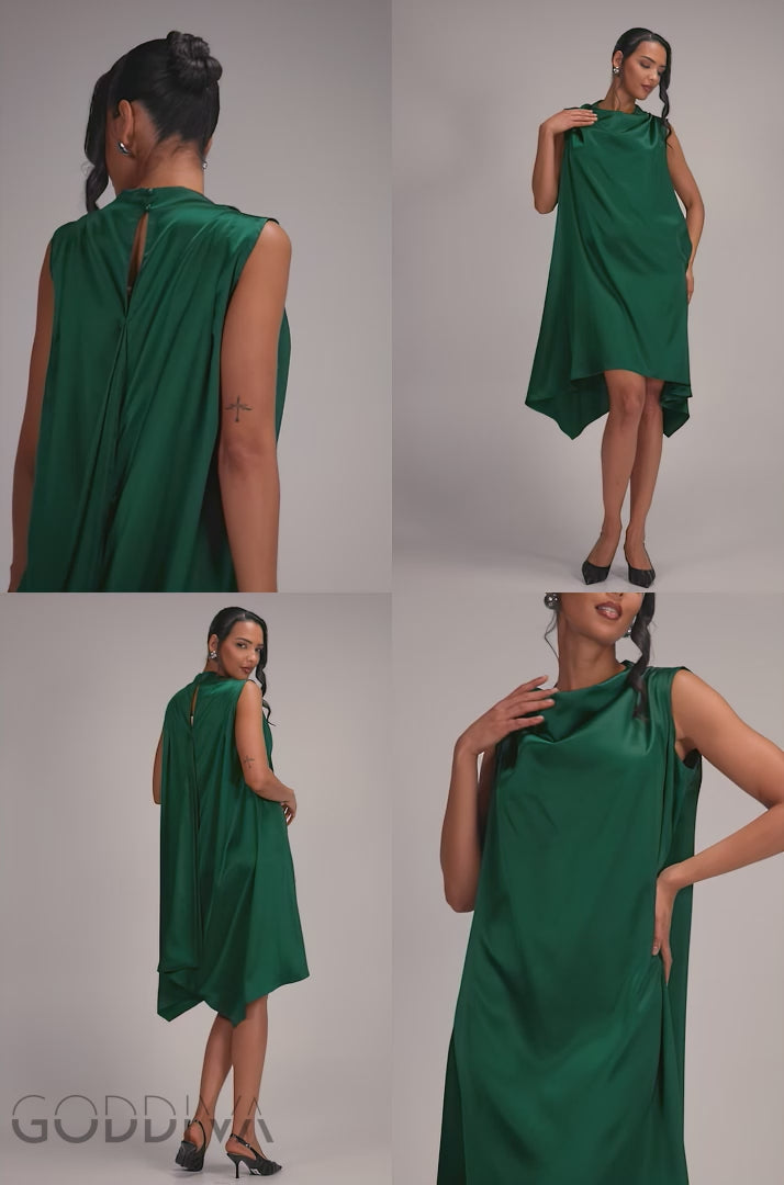 Cowl Neck Back Wing Satin High Low Midi Dress - Emerald Green DR4608