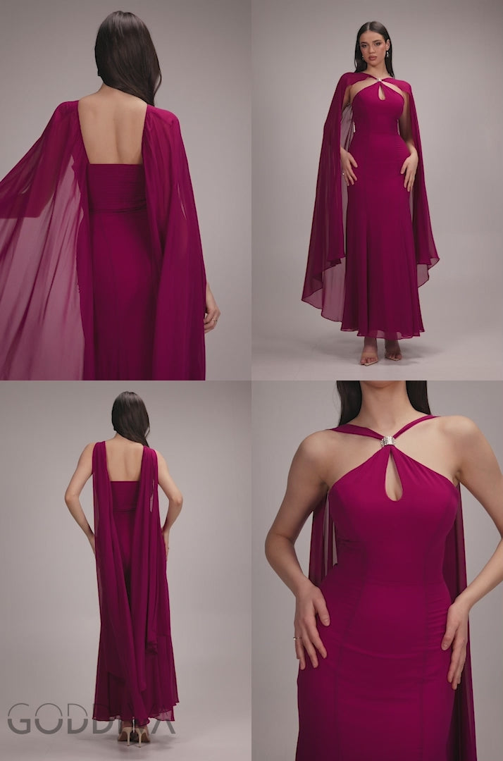 Multiway Cape Chiffon With Embellished Trim Maxi Dress - Magenta DR4924