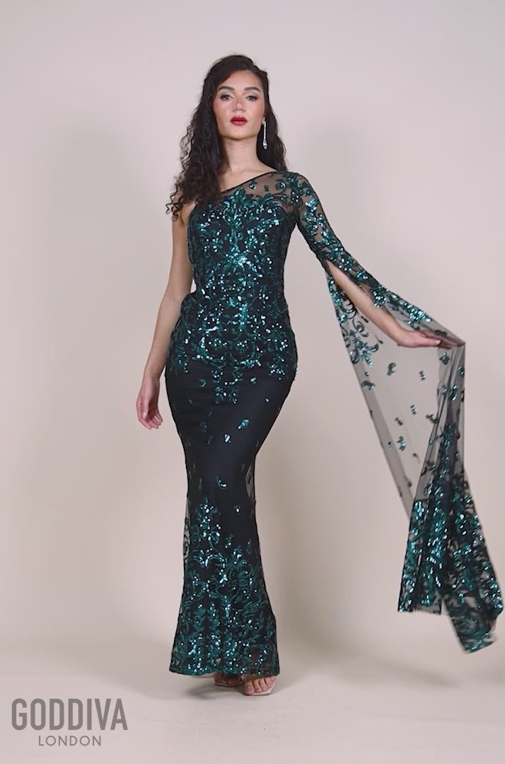 Sequin Mesh One Shoulder Evening Maxi - Emerald Green DR3195