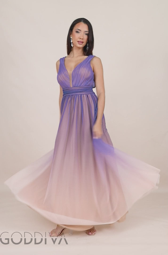 Sleeveless Ombre Pleated A-Line Maxi Dress - Lilac Ombre DR4083