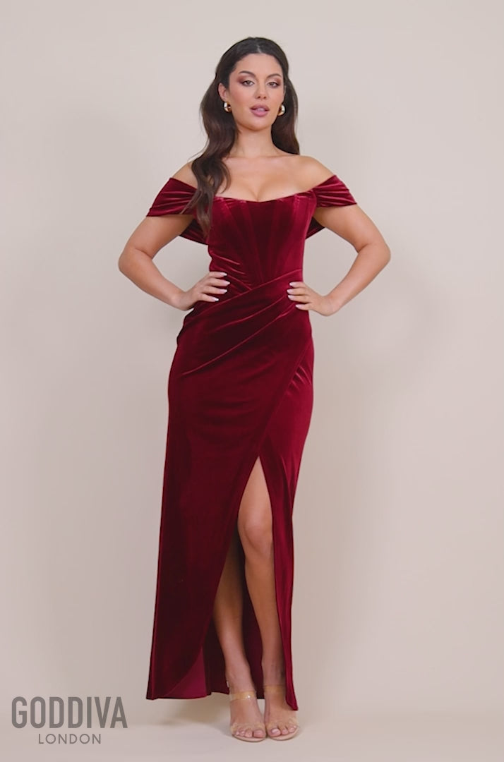 Draped Shoulder Velvet Corset Maxi Dress - Wine DR4044