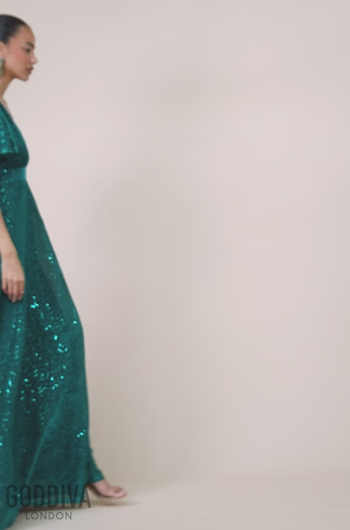 Sequin Lurex Flutter Sleeve Maxi Dress - Tealblue DR3680