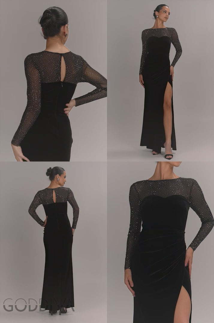 Diamante Sleeves Illusion Neck Front Wrap Velvet Maxi Dress - Black DR5221