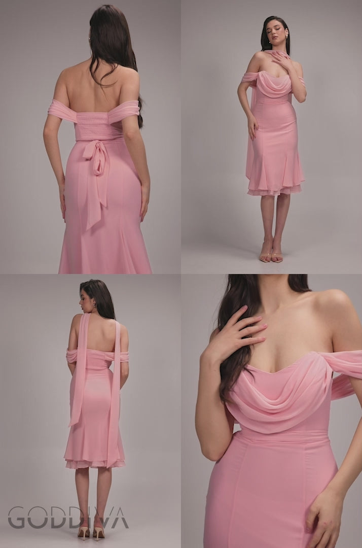Chiffon Cowl Off Shoulder Wing Tiered Midi Dress - Blush Pink DR4843