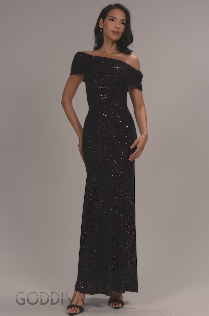 One Shoulder Fit And Flare Sequin Maxi Dress - Black Red DR5324