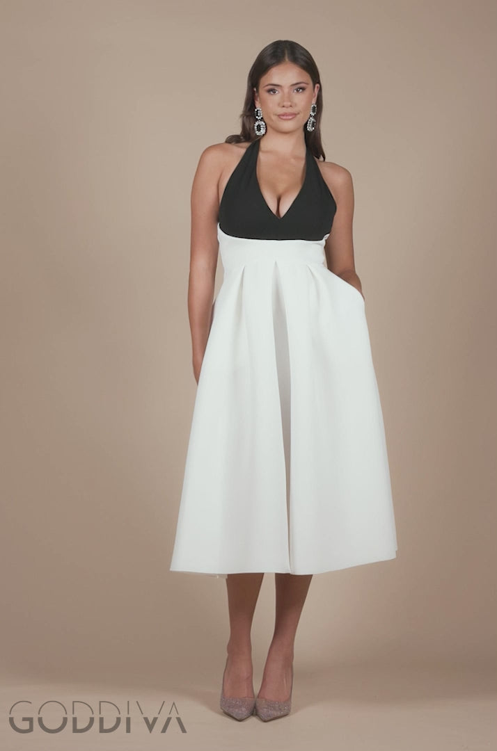 Contrast  Halter Neck Pleated A-Line Midaxi Dress - Black Cream DR4630