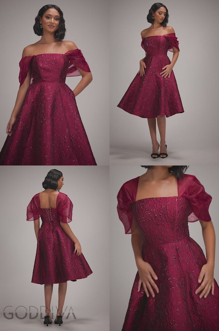 Laceup Back Jacquard Midi With Organza Wings - BurgundyRed DR4791