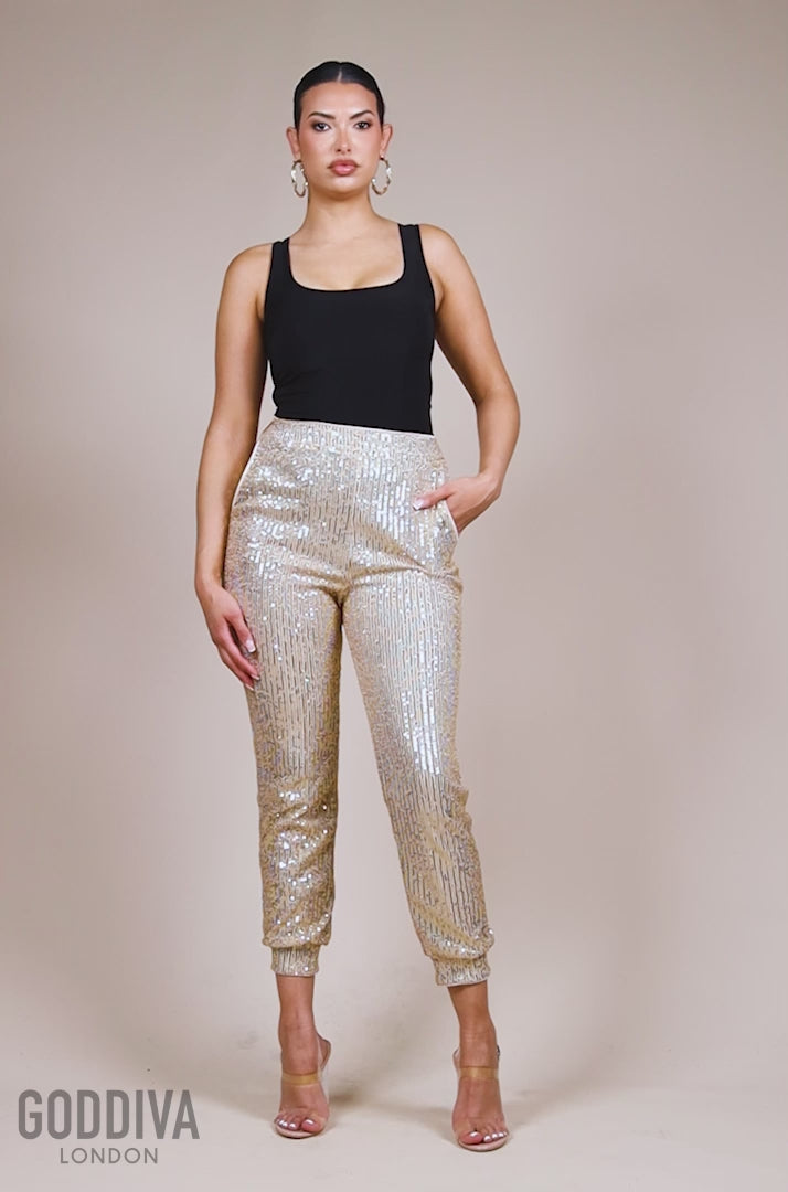 Sequin Cuffed Ankle Trouser - Gold TR360