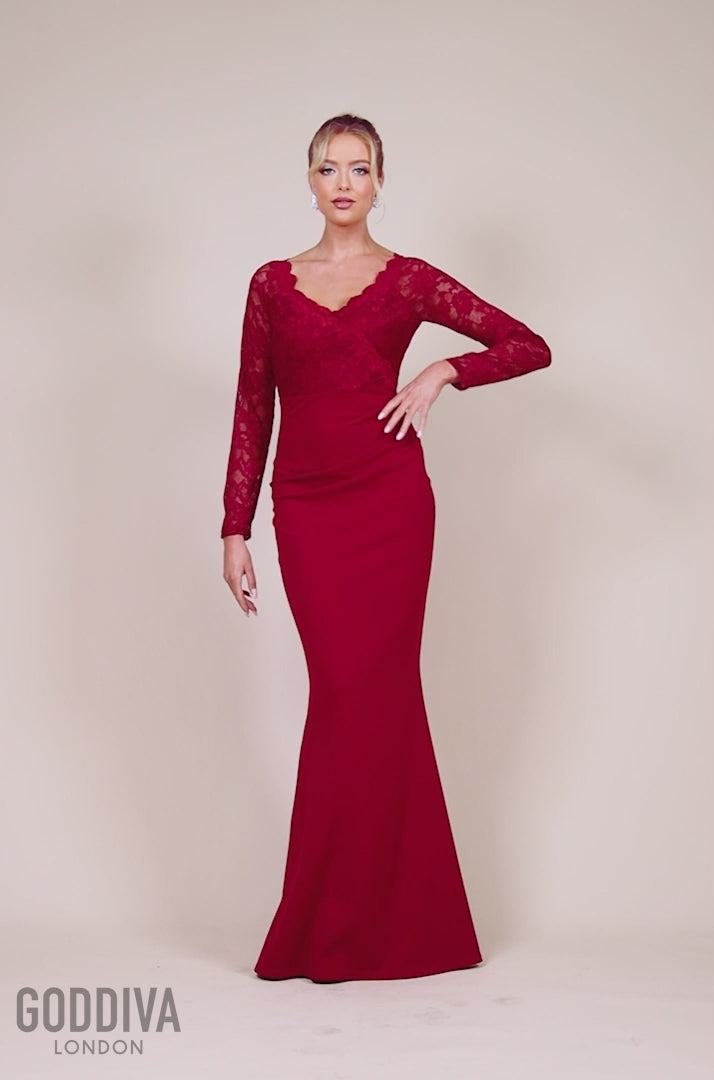 Scalloped Lace & Scuba Maxi Dress - Wine DR2449C