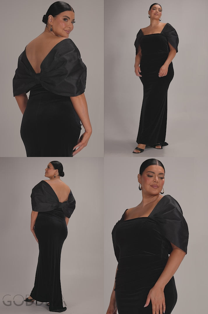 Off Shoulder Velvet Maxi Dress With Textured Satin Back Bow - Black DR5161PLUS