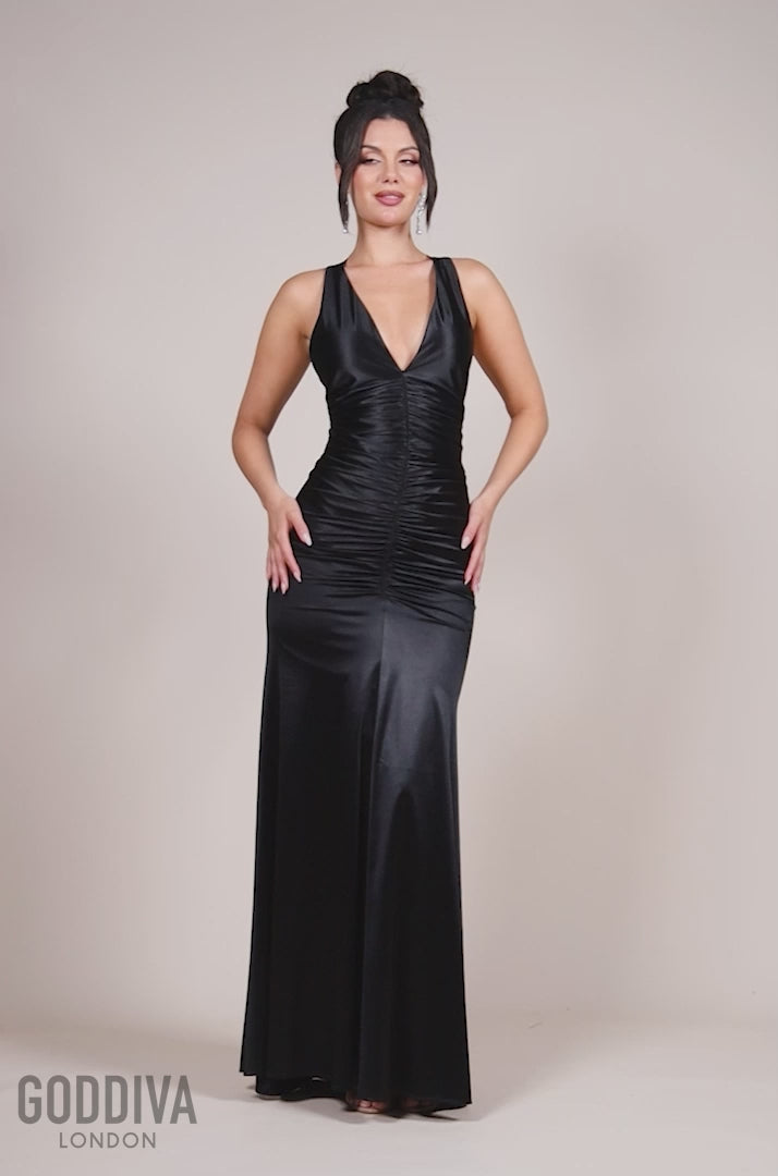 Multi-Tied Satin Gathered Ring Maxi Dress - Black DR4417