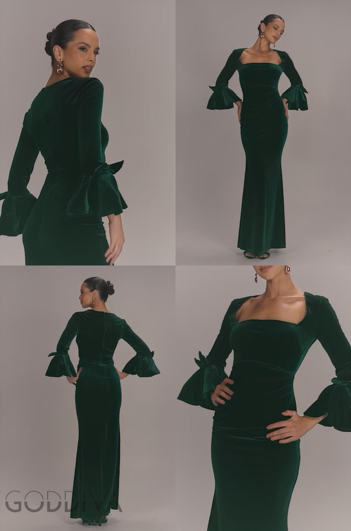 Petal Bow Sleeve Frill Velvet Maxi Dress - Emerald Green DR5164