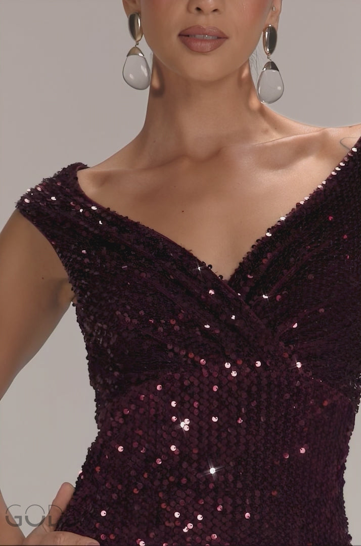 Sequin & Velvet Off The Shoulder Wrap Maxi Dress - Plum DR5256