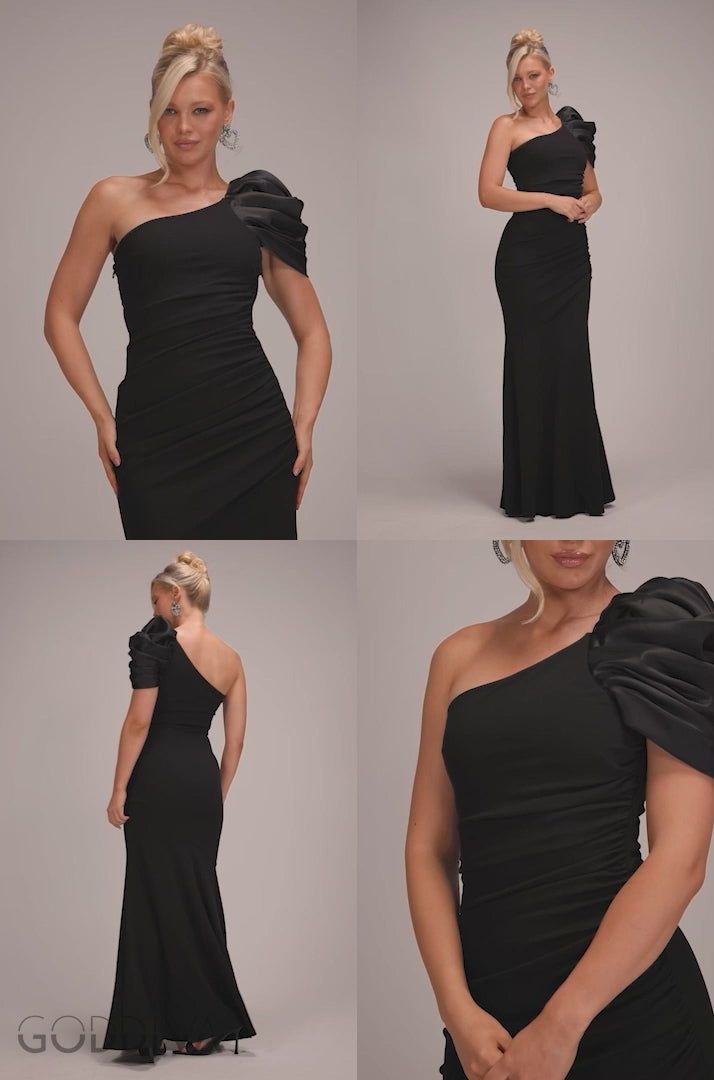 One Shoulder Puffed Satin Sleeve Evening Maxi Dress - Black DR4640