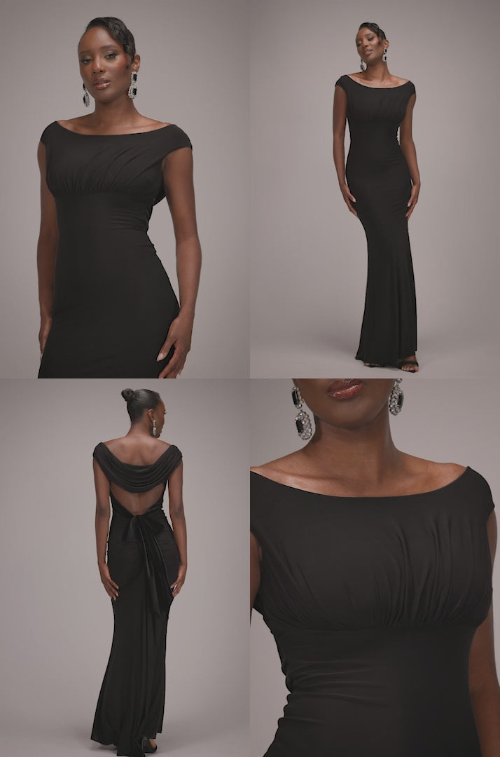 Open Back Cowl Neck Gathered Maxi Dress With Velvet Tie Back - Black DR4856