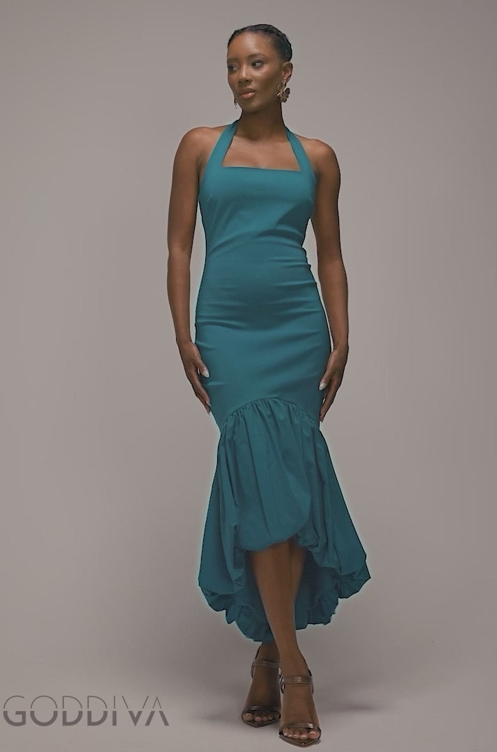 Halter Neck Puff Hem Mermaid Midaxi Dress - Emerald Green DR4747