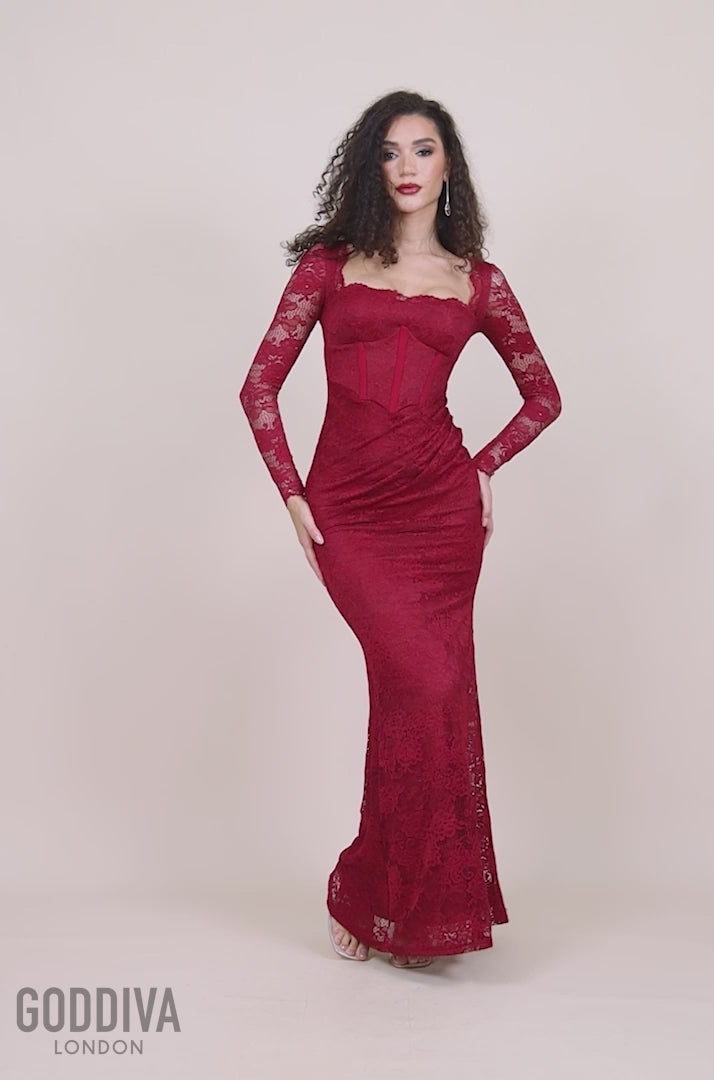 Scalloped Lace Corset Bodice Maxi Dress - Wine DR4519