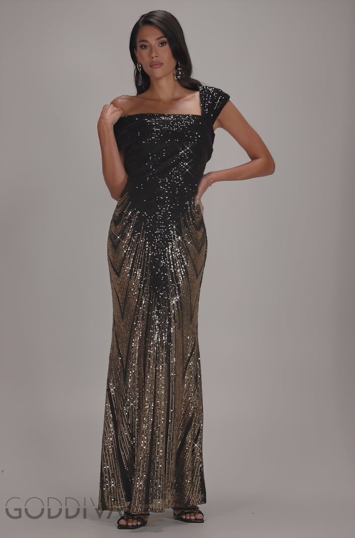Ombre Sequin One Shoulder Bardot Maxi Dress - Gold DR5113