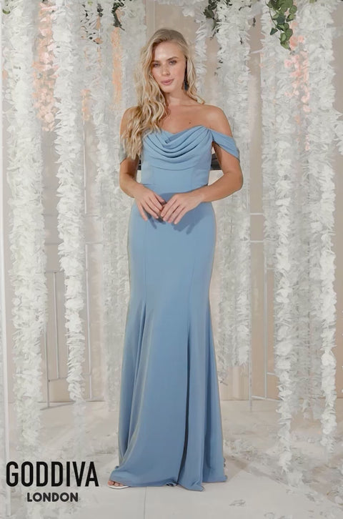 Goddiva Chiffon Bardot Cowl Neck Maxi Dress - Duskyblue