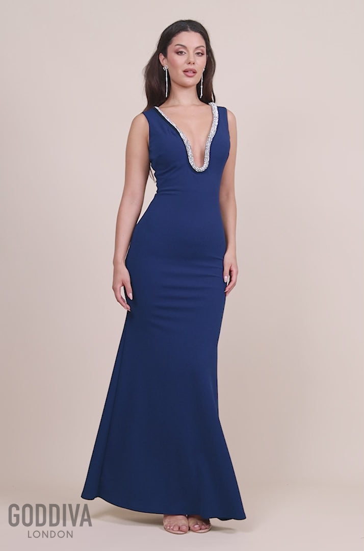 Diamante Embellished Super Plunge Scuba Maxi Dress - Navy DR4423