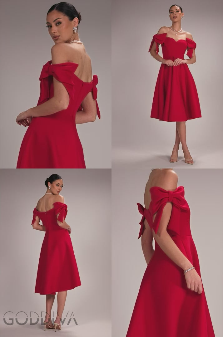 Bardot Plunge Neck Bow Sleeve A Line Midi Dress - Red DR5124
