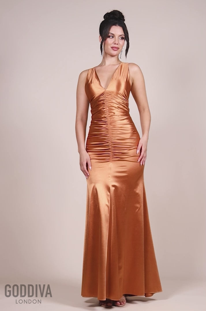 Multi-Tied Satin Gathered Ring Maxi Dress - Bronze DR4417