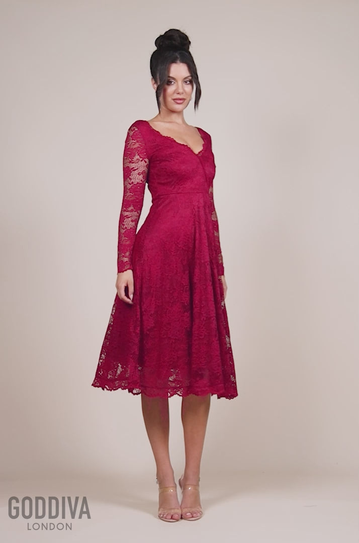 Scalloped Lace A-line Midi Dress - Wine DR4478