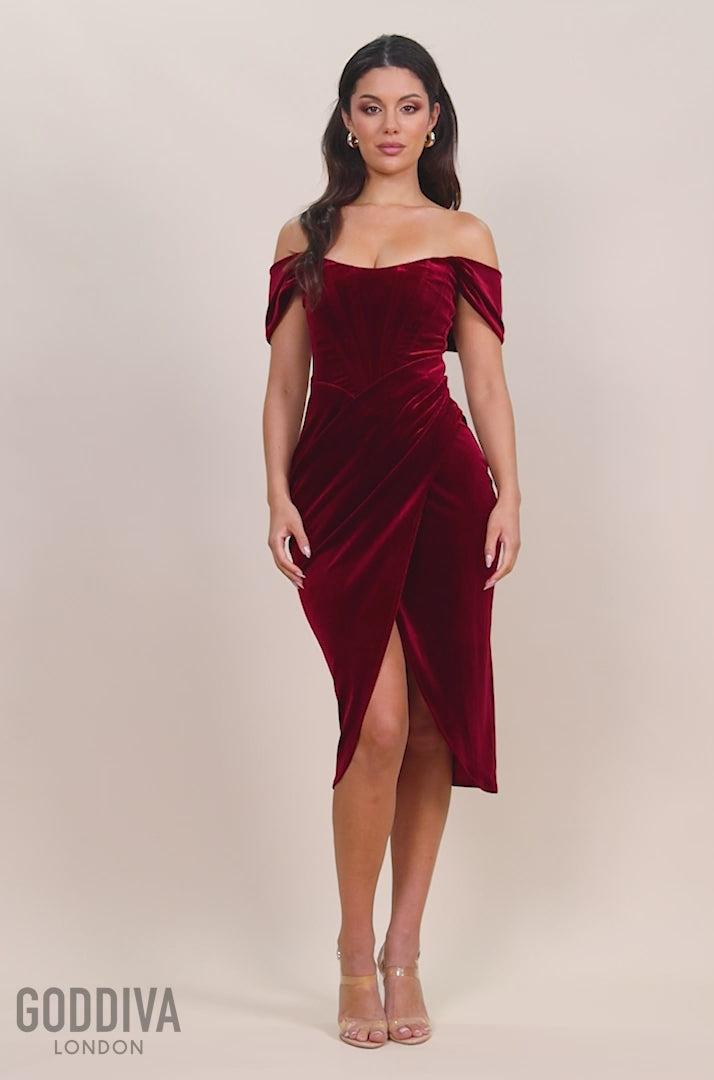 Draped Shoulder Velvet Corset Midi Dress - Wine DR4066