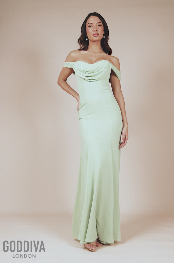 Chiffon Bardot Cowl Neck Maxi Dress - Sage Green DR2781A