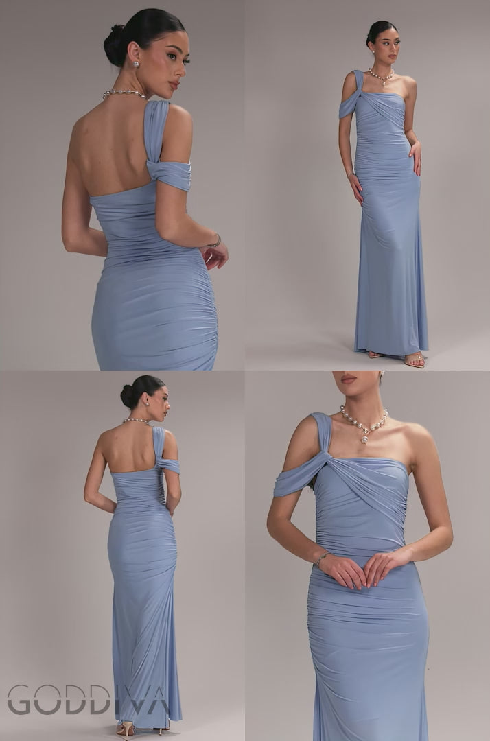 One Shoulder Asymmetric Twist Maxi Dress - Blue DR5089