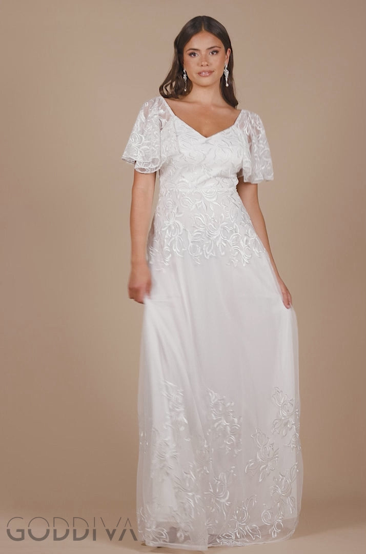 Lace Flutter Sleeve Embroidered Mesh A Line Maxi Dress - White DR3942