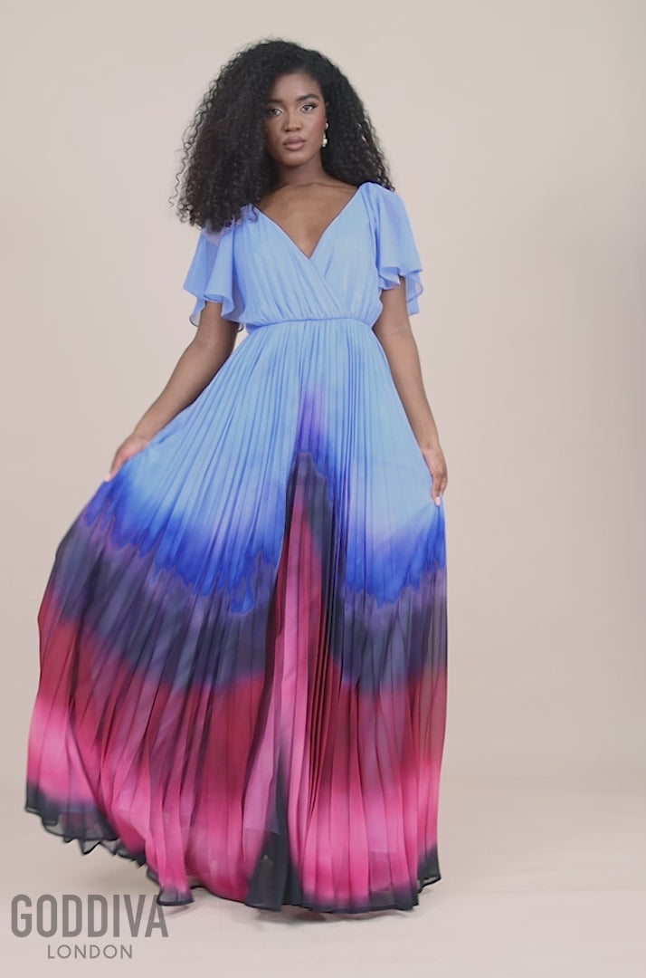 Wavy Ombre A-Line Chiffon Maxi Dress - Blue DR4207