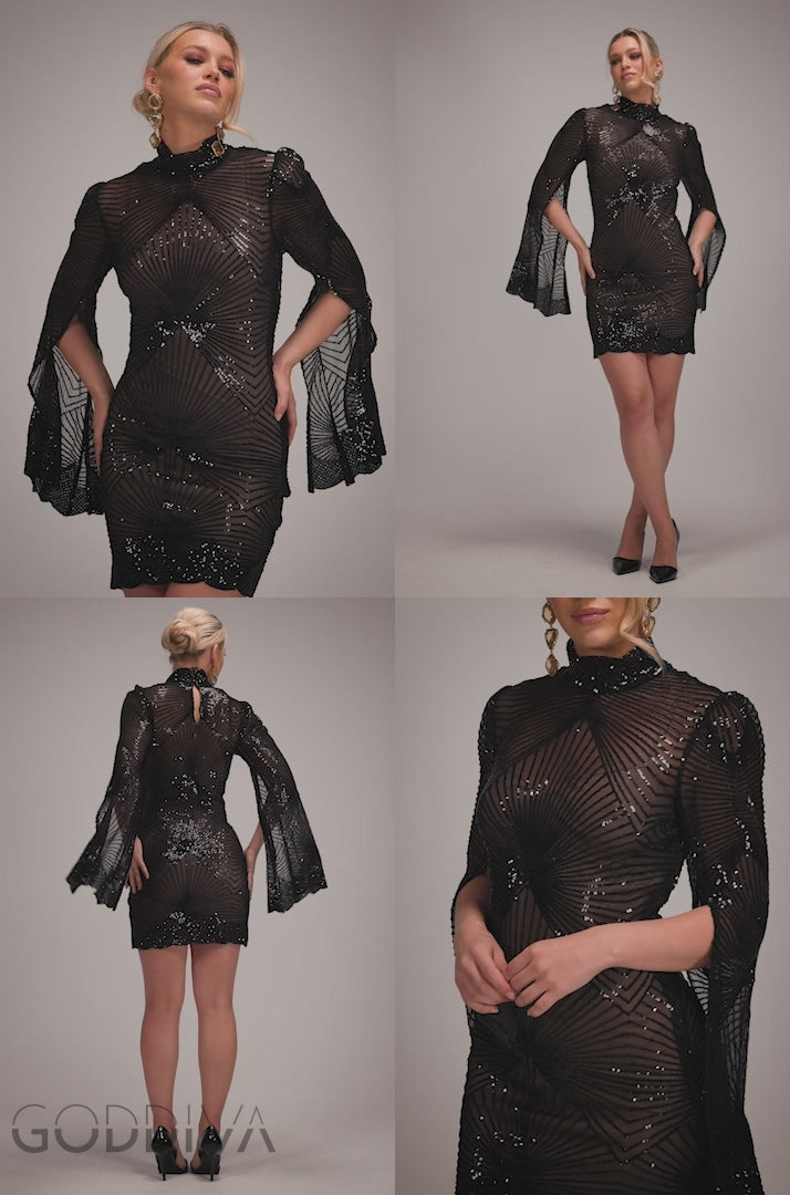 Sequin Starburst Cape Sleeve Mini Dress - Black DR4748
