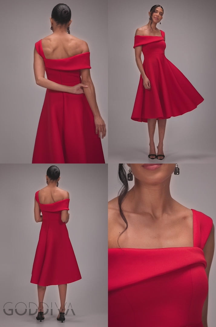 One Shoulder A-Line Midi Dress - Red DR4949