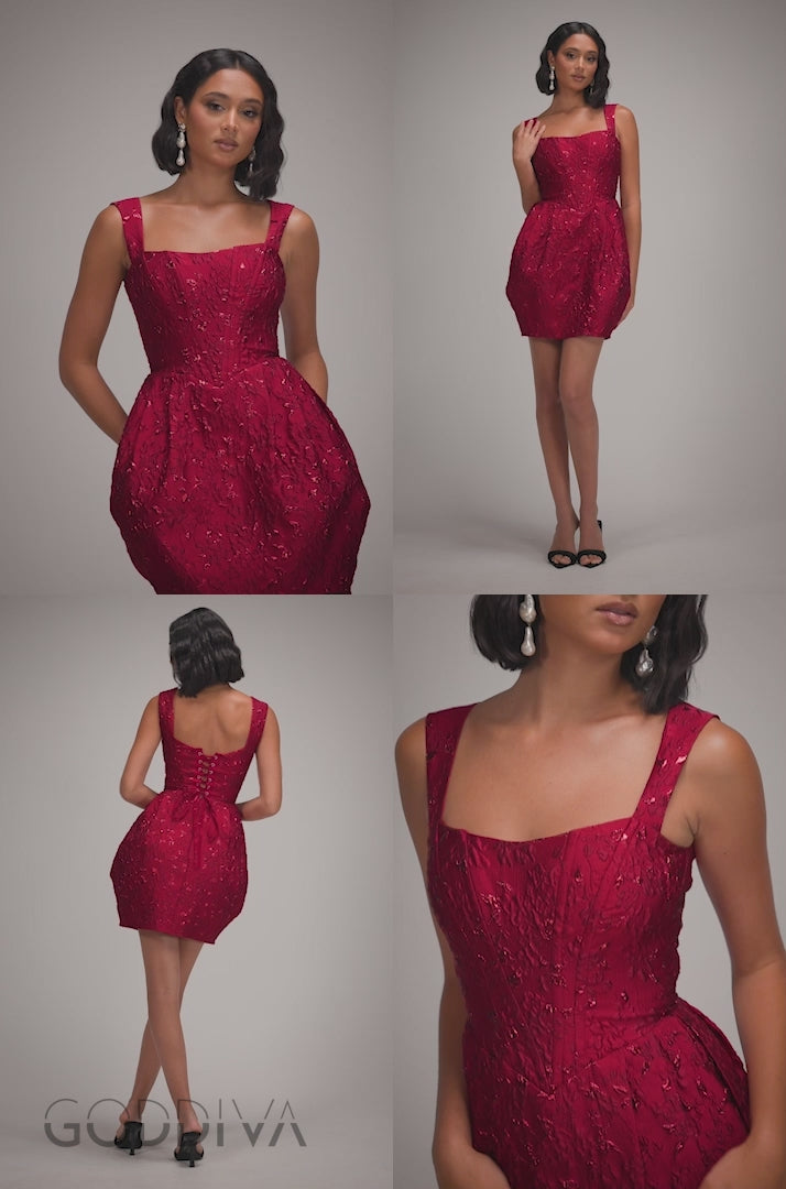 Corset Balloon Skirt Lace Up Back Mini Dress - Red DR4778