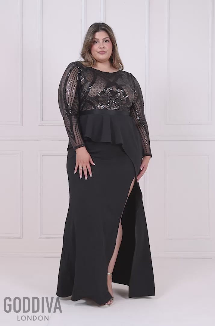 Sequin Bodice With Front Frill Maxi - Black DR3232P