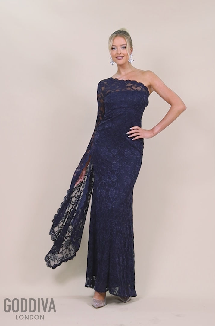 One Shoulder Scalloped Neck Maxi Dress - Navy Blue DR4601