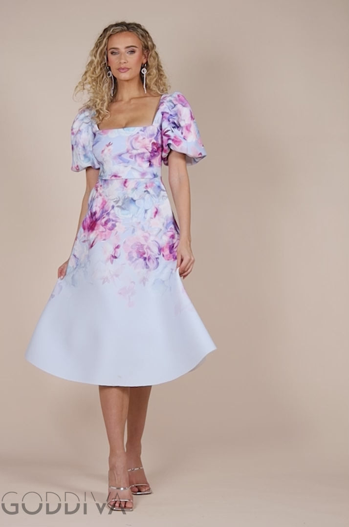 Printed Scuba Square Neck Puff Sleeve Midi Dress - Blue DR4650
